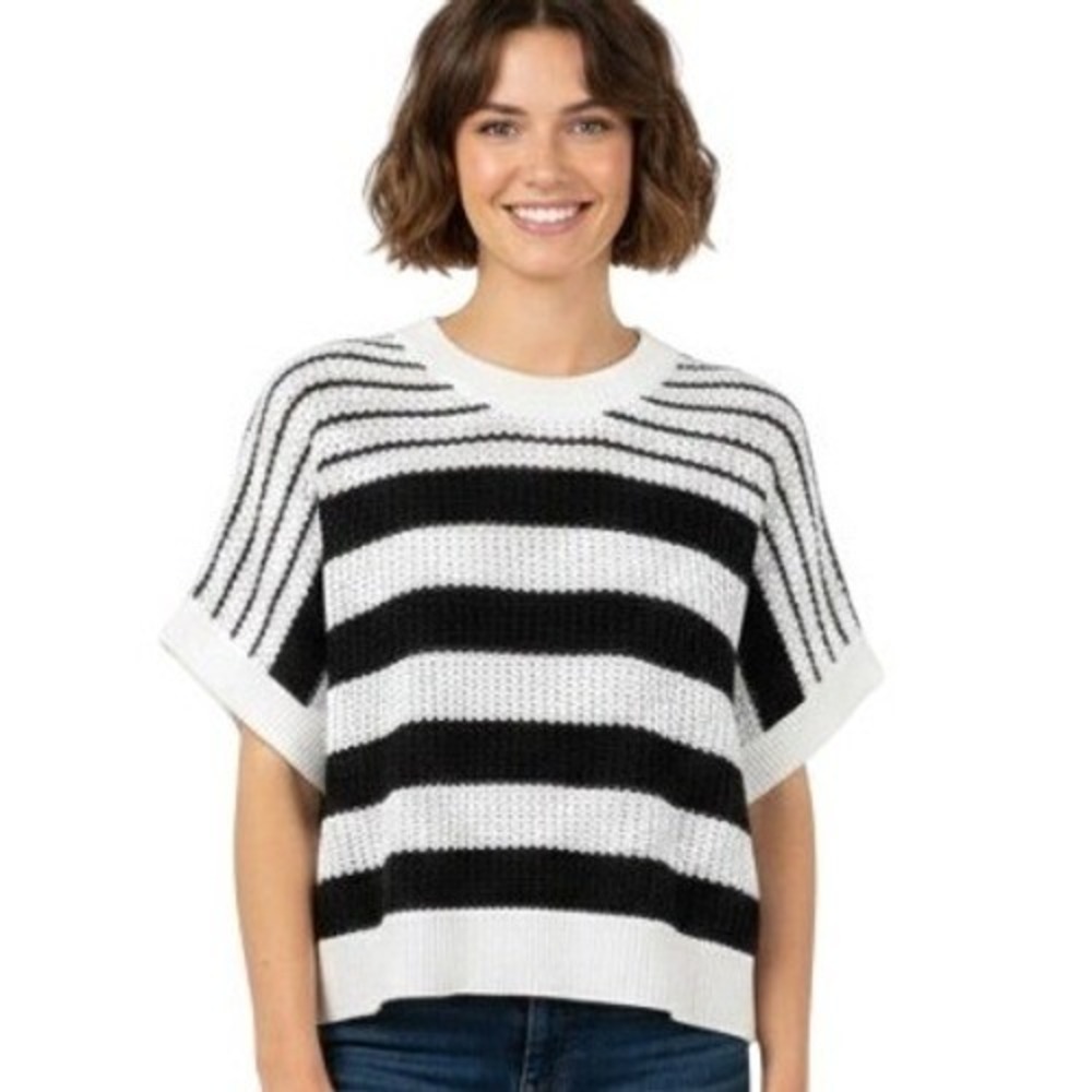 Evereve Sweater Womens XS Black White Striped Short Sleeve‎ Boxy Knit Pullover